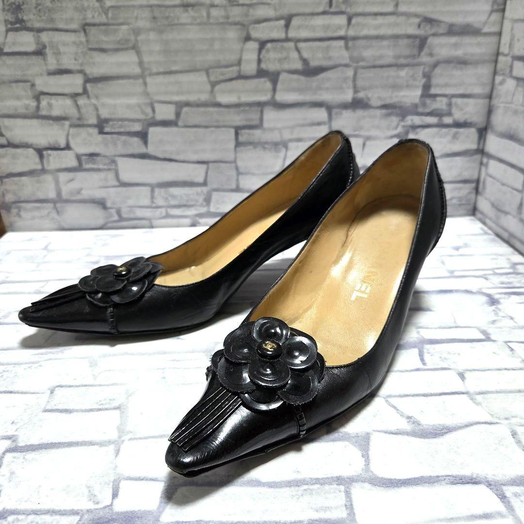 【CHANEL】カメリア＆タッセル ポインテッドトゥ パンプス 36 黒 レザー シャネル【新品】直営店購入 パンプス カメリア ヒール 靴 ブラック 黒